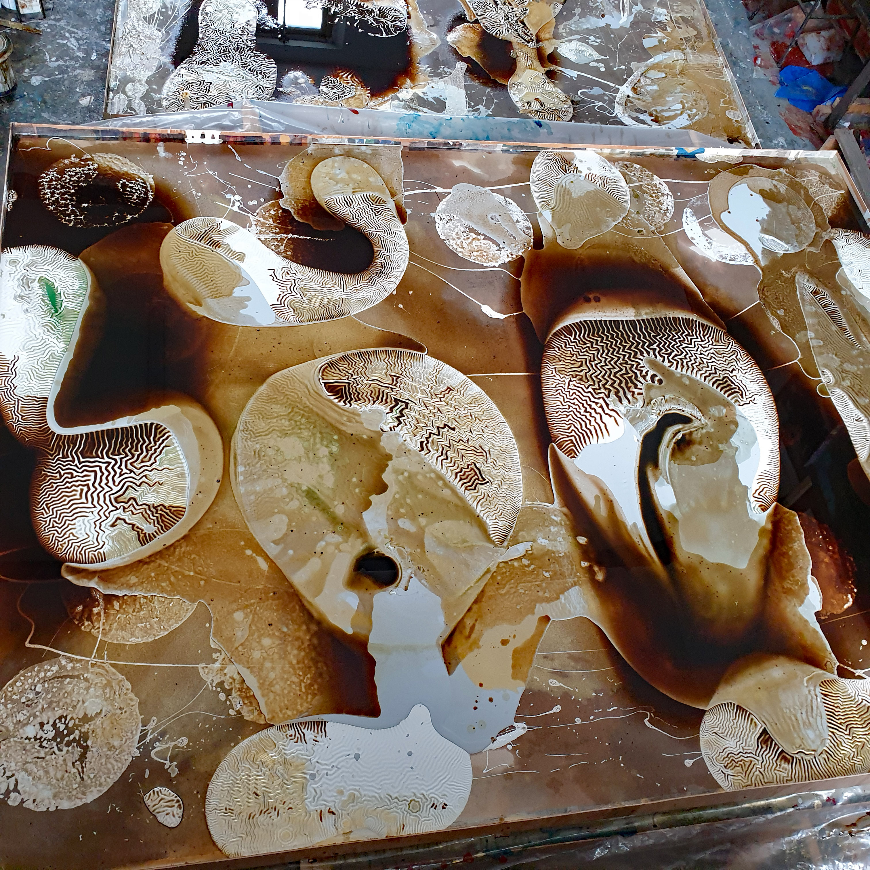 Summer Paintings 2023 – work in progress from inside the artist’s studio. Spring works are painted in mixed media and the size ranges are between 2 x 2 and 2 x 2.5 metres.