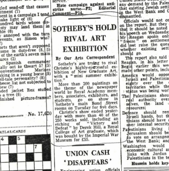 Daily Telegraph, Christies Inaugural: New Graduate Art circa 1983. About the purchase of Hill's artwork by IWM, London. proceeded by his exhibition at the IWM. 