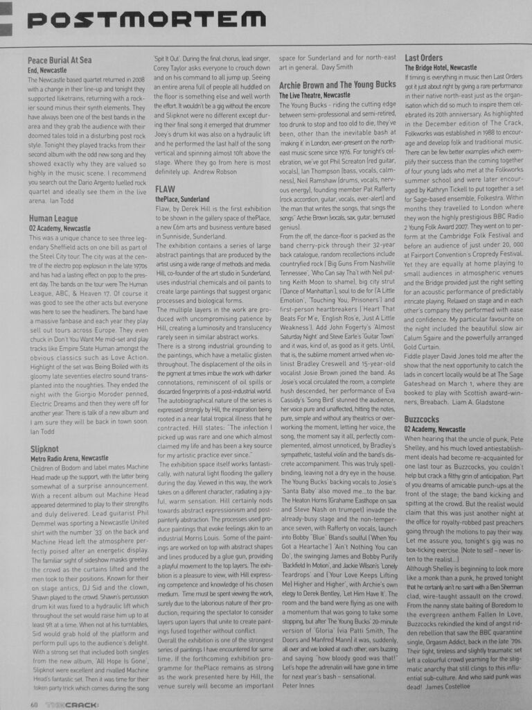Review of 'Flaw', by Davy Smith for the Crack Magazine about Hill's exhibition at the Place in Sunderland circa 2010.