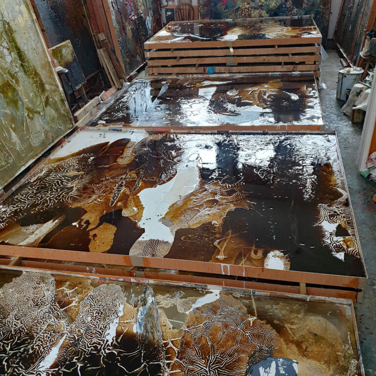 Shifts in Time 2022- 2024, current. Installation view. Mixed media on canvas.