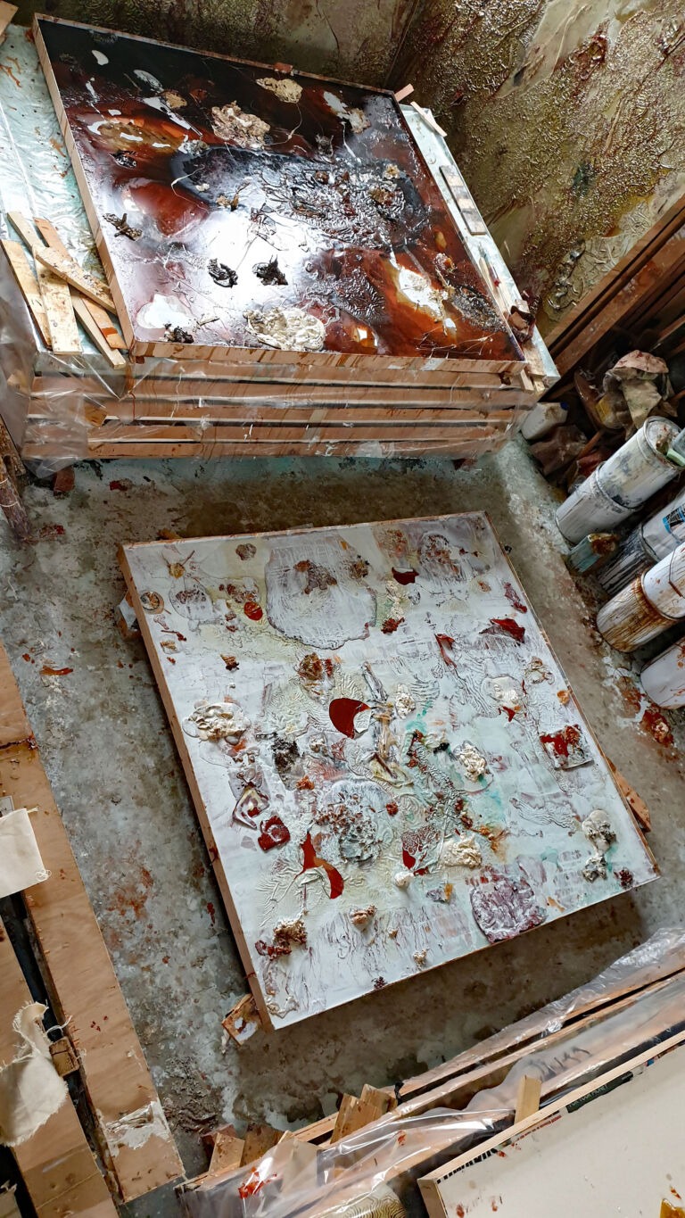 Shifts in Time: September. Installation view. Mixed media on canvas.