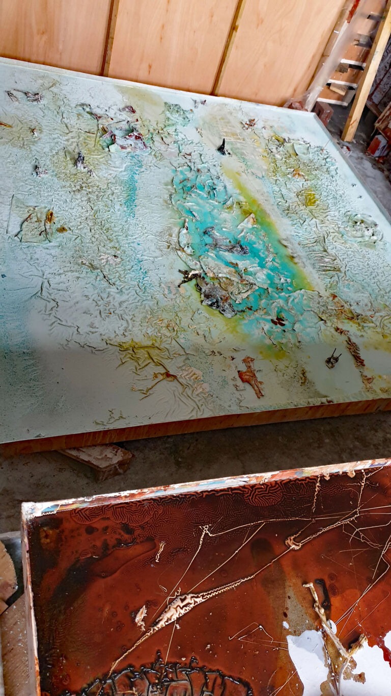 Shifts in Time: A Journey. Mixed media on canvas. Installation view