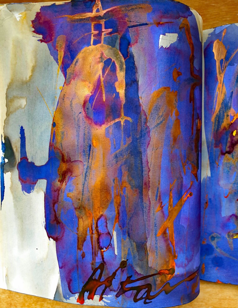 Installation view. Books of ink drawings, 2018 to 2022. For the project, Hidden Kingdoms Shifting Worlds.