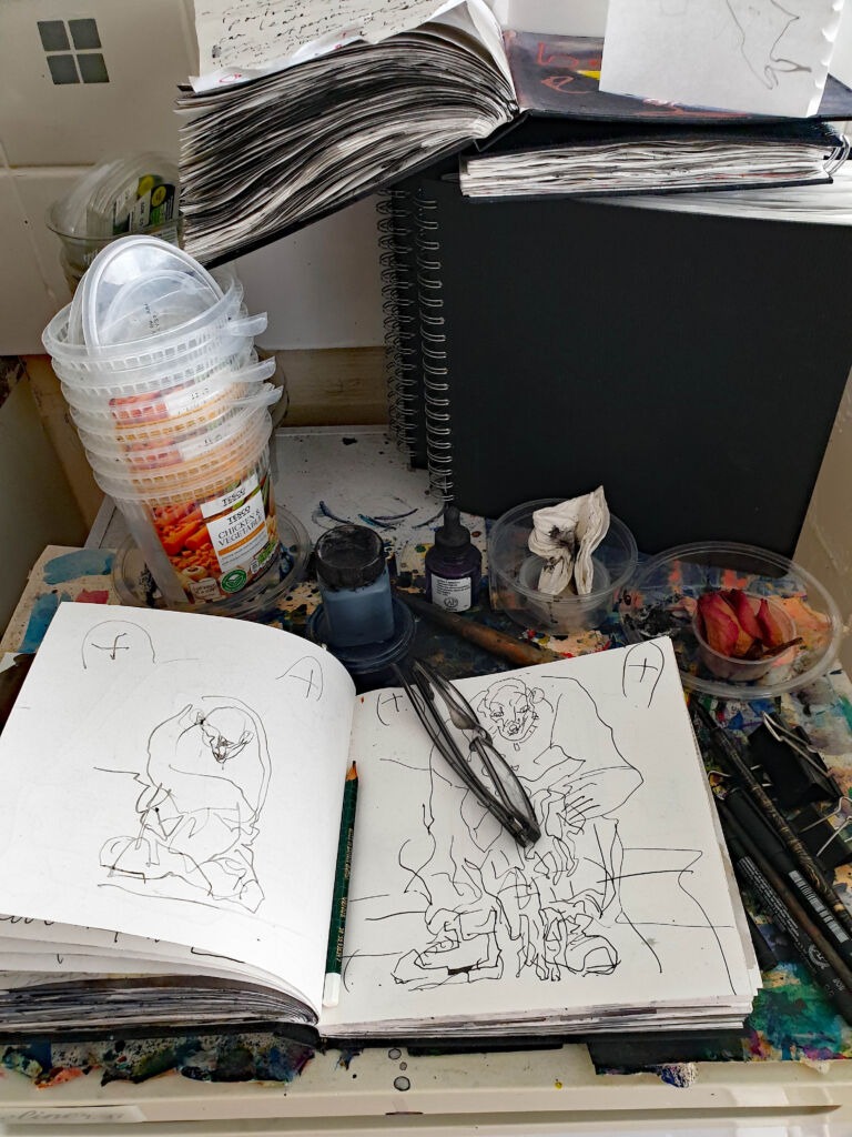 Installation view. Books of ink drawings, 2018 to 2022. For the project, Hidden Kingdoms Shifting Worlds.