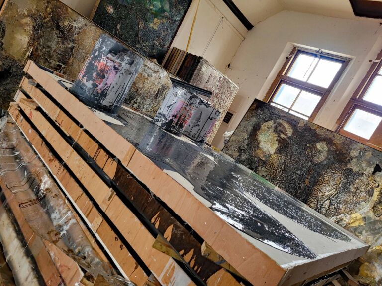 Shifts in Time, Summer: August paintings. Installation view. Mixed media on canvas.