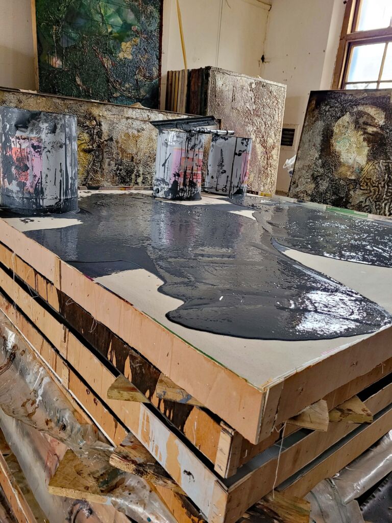 Shifts in Time, Summer: August paintings. Installation view. Mixed media on canvas.